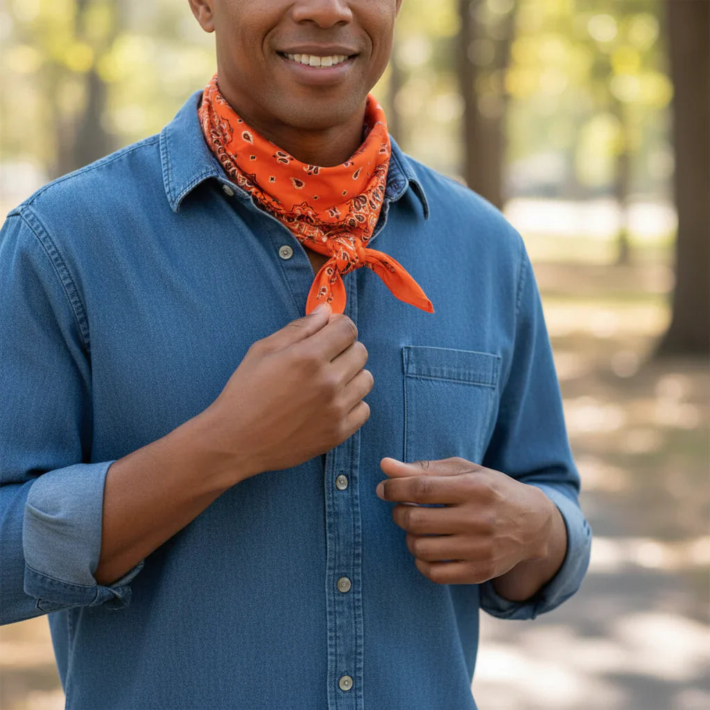 Bandana en coton orange motif cachemire à bordure noire