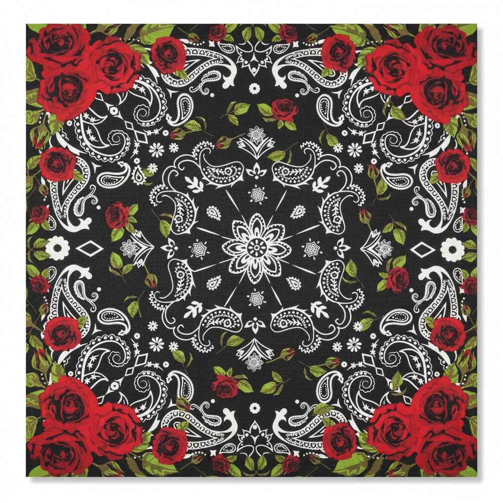 Bandana en coton noir pirate avec roses - BoucleAura