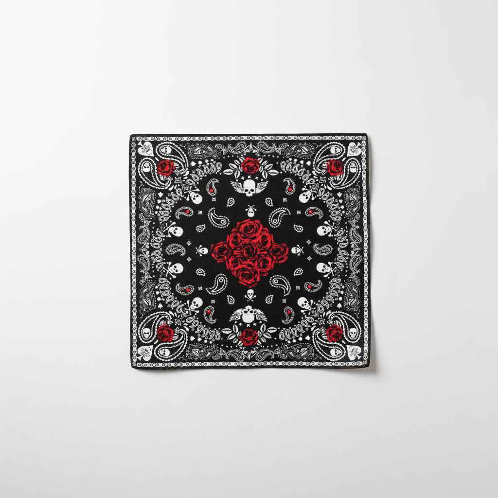 Bandana en coton noir pirate à crânes et roses - BoucleAura