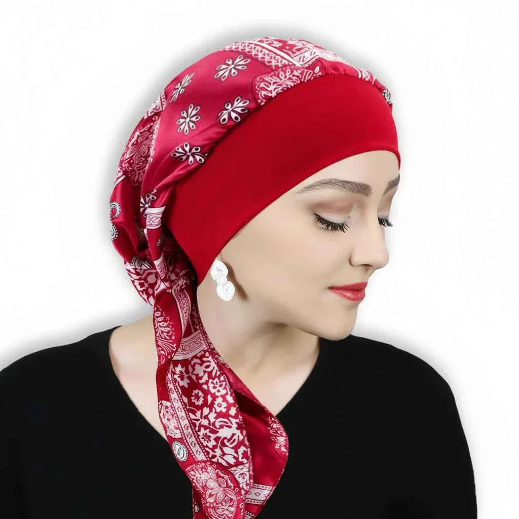 Bandana pour cheveux femme rouge en satin motifs paisley - BoucleAura