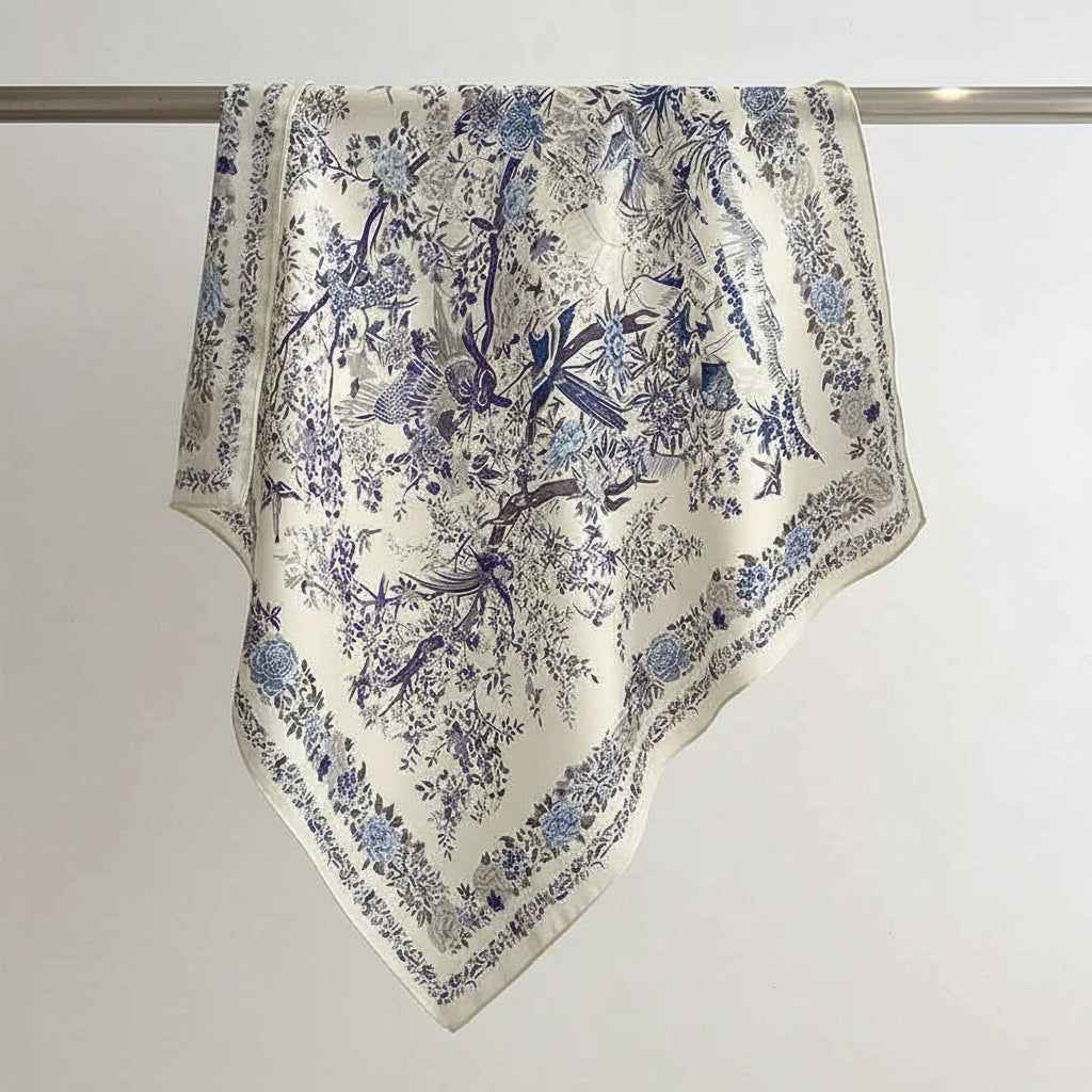 Bandana en soie bleu femme à motif feuilles - BoucleAura
