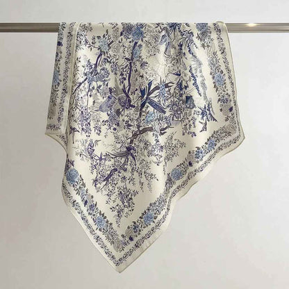 Bandana en soie bleu femme à motif feuilles - BoucleAura