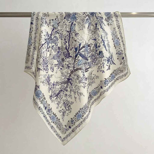 Bandana en soie bleu femme à motif feuilles - BoucleAura