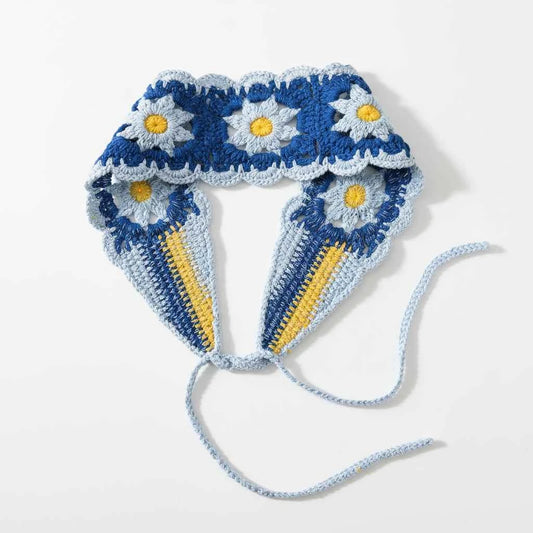 Bandana pour cheveux femme bleu crochet fleuri - BoucleAura