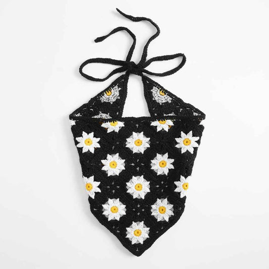 Bandana pour cheveux noir en crochet à fleurs - BoucleAura