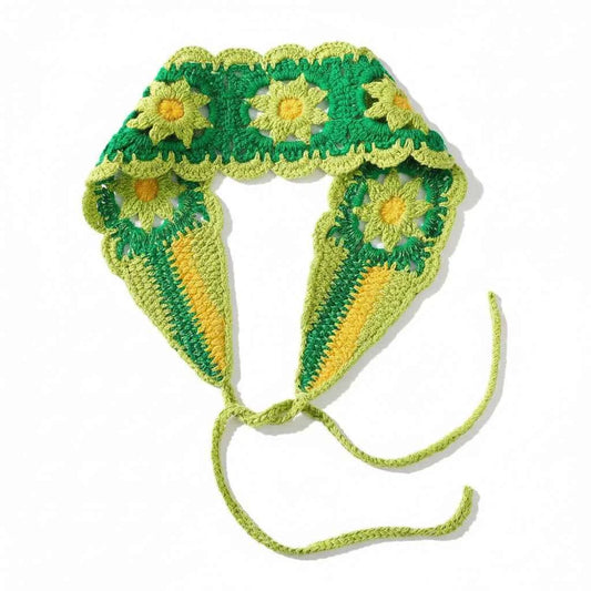 Bandana pour cheveux en crochet vert à fleurs - BoucleAura