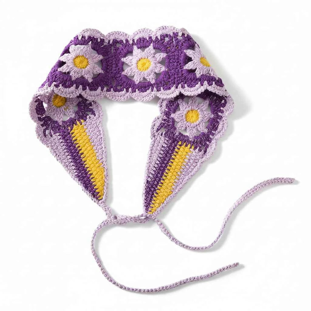 Bandana pour cheveux violet crochet à fleurs - BoucleAura